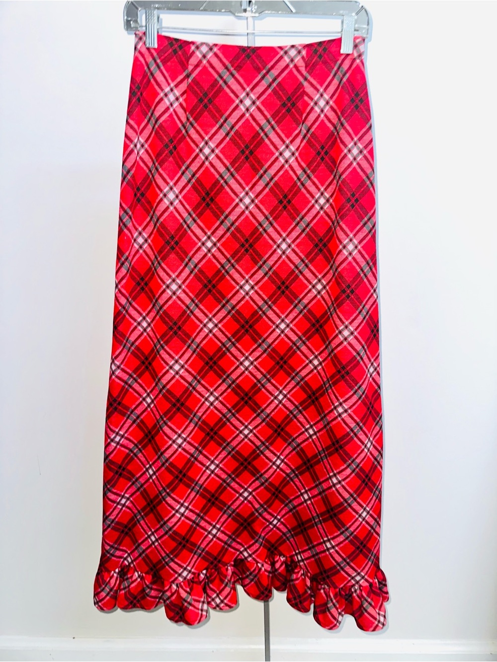 VTG 1970s Red Plaid Midi Skirt with Ruffle Hem